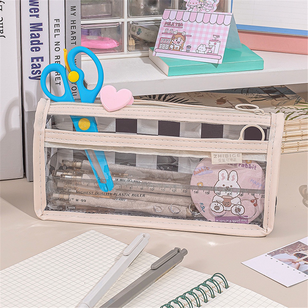 Túi Đựng Bút Họa Tiết Kẻ Ô Màu Trong Suốt Sức Chứa Lớn