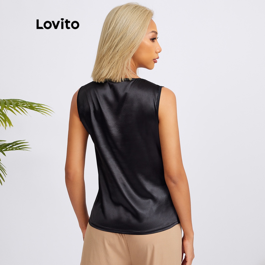 Áo dây Lovito phối ren màu tương phản hở vai cổ chữ V phong cách đơn giản thường ngày L18X269 (Đen)