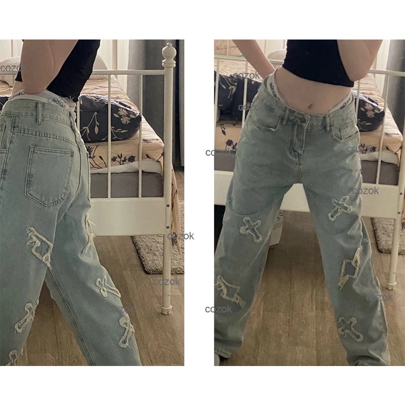 Quần Jeans Baggy Thêu Thánh Giá Nam Nữ T-A-N Hàn Quốc mới nhất QJT028 Màu Xanh Jeans Xám Jeans