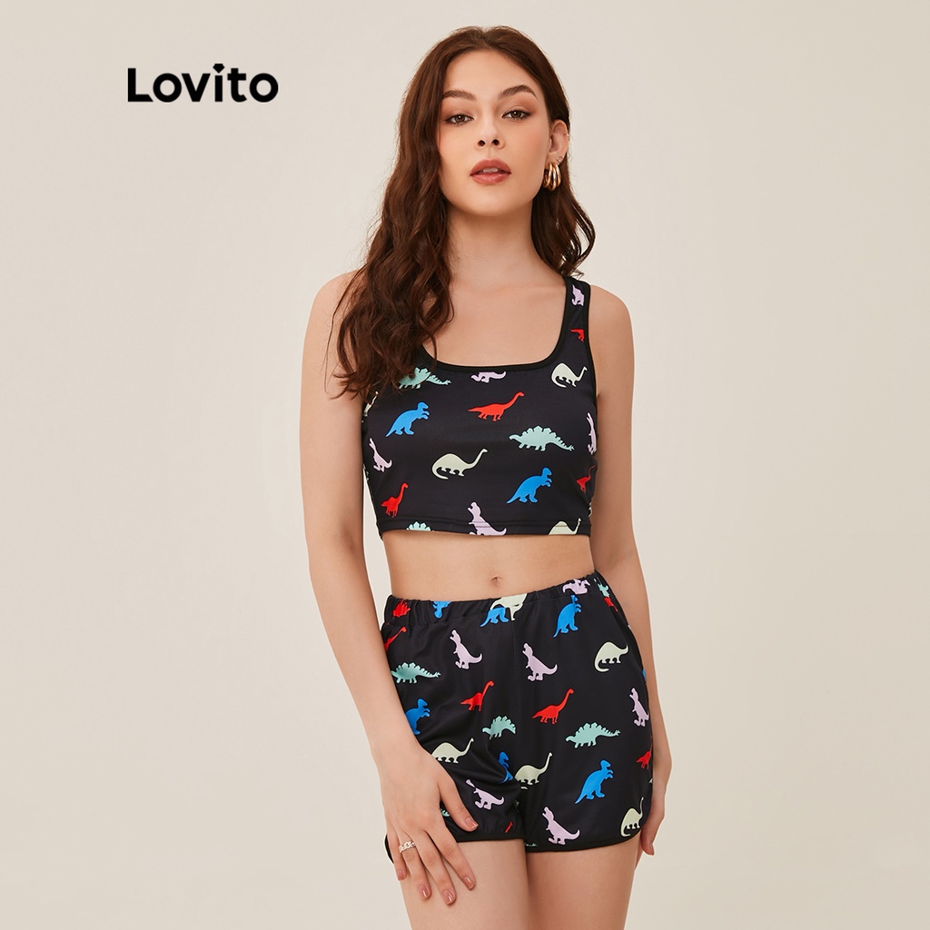 (Hàng có sẵn) Lovito Bộ Áo Sát Nách Cổ Chữ U + Quần Short In Họa Tiết Khủng Long Hoạt Hình Đáng Yêu L20D368