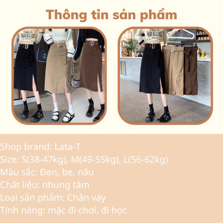 Chân váy dài chất nhung tăm kèm đai đủ size SML