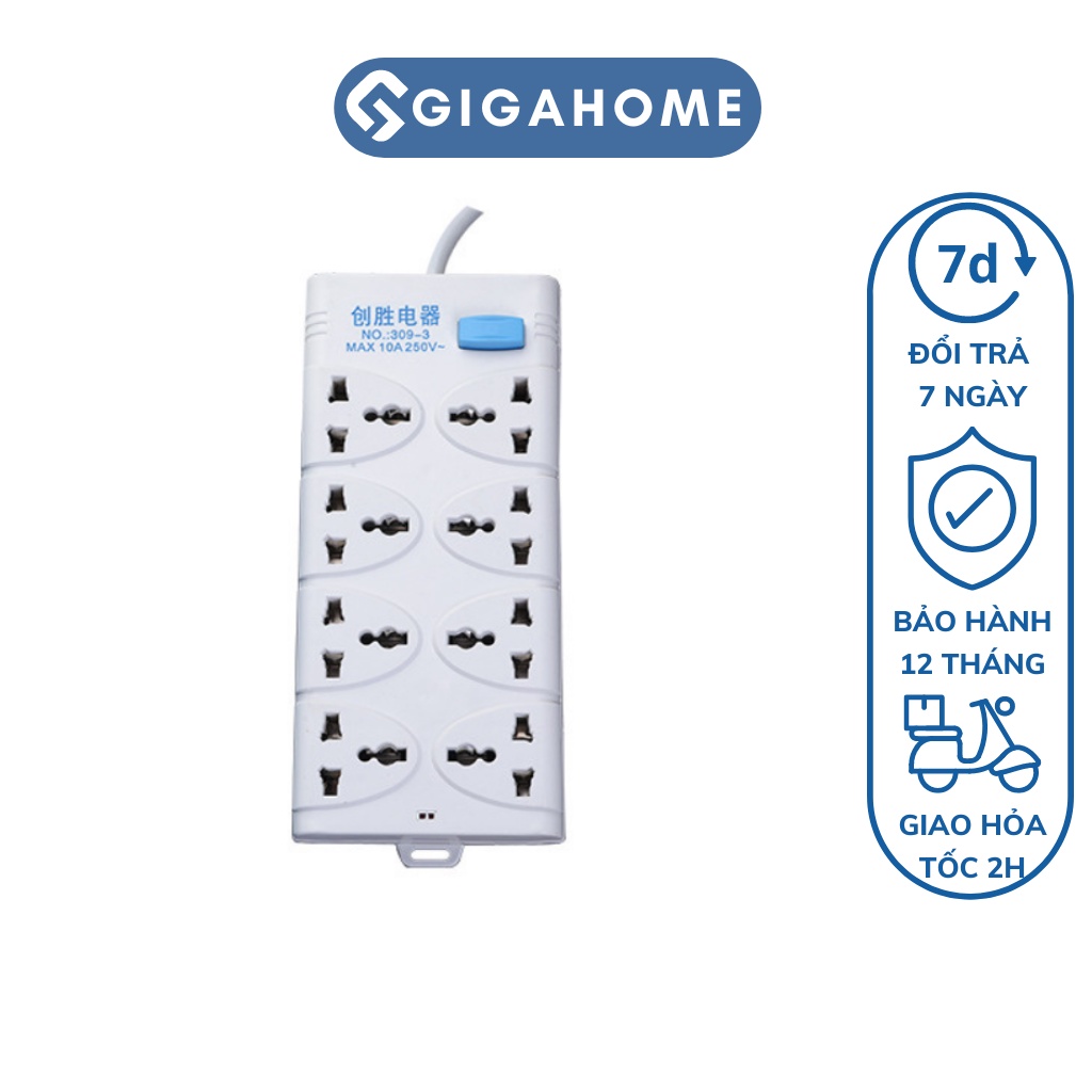 Ổ Cắm Điện GIGAHOME 3 Chấu, 8 Lỗ Cắm, Dây Dài 2m Tiện Lợi 9538
