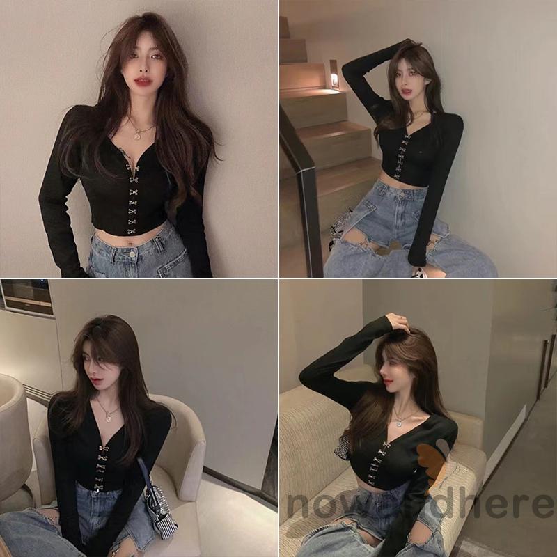 Áo Thun Crop Top Tay Dài Cổ Chữ V Màu Trơn Thời Trang Dành Cho Nữ