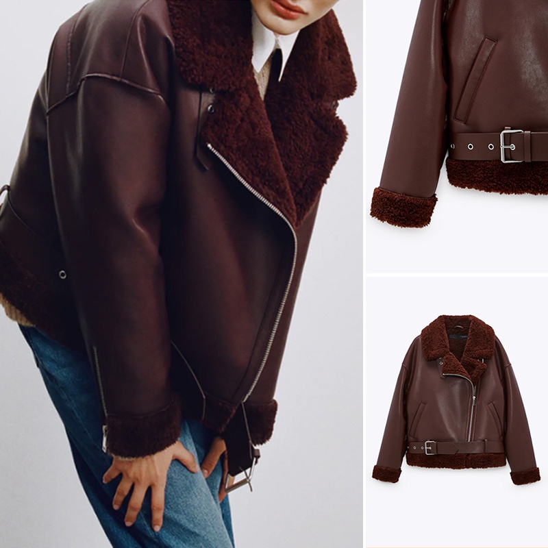 ÁO KHOÁC BIKER JACKET DA NỮ LÓT LÔNG MÀU ĐỎ - 6318/232