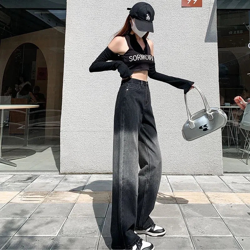 Quần jean dài SUXI lưng cao ống rộng màu gradient thời trang mùa thu cá tính cho nữ