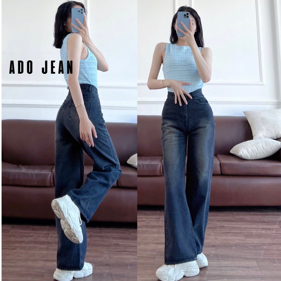 Quần Jeans ống rộng lưng cao Ulzzang hàng cao cấp, Quần Simple Jeans ống rộng cạp cao rách gối