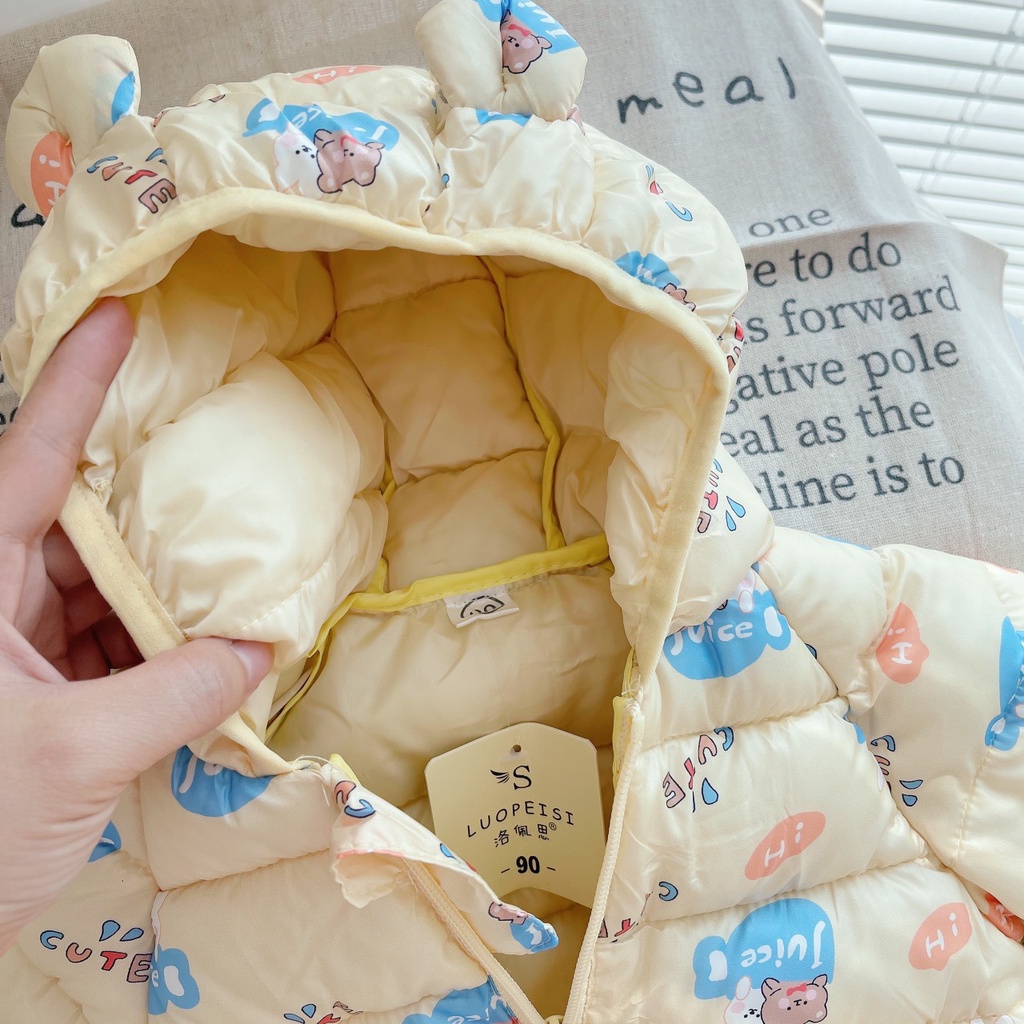 Áo phao tai gấu hoạ tiết dễ thương cho bé, áo khoác phao béo dày dặn ấm áp hàng quảng châu