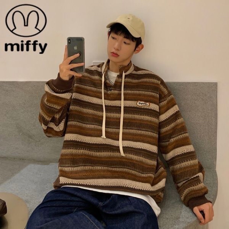 Áo Len Vintage Kẻ Ngang Phối Dây Cổ