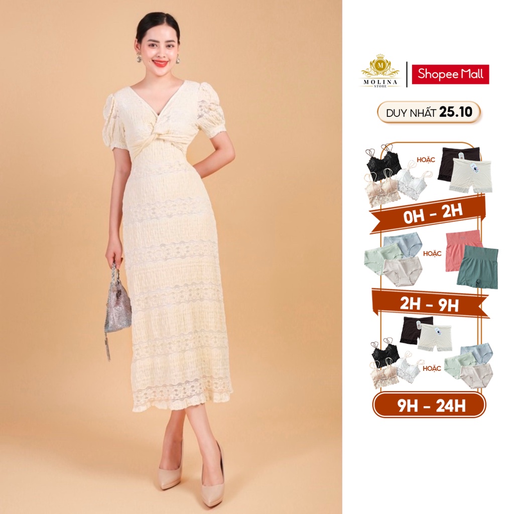 Đầm Công Sở Molina Chất Thun Xốp, Dáng Xòe, Cổ Tim, Xoắn Ngực, Đuôi Ren, Dáng Sang Chảnh Phù Hợp Đi Làm Đi Chơi