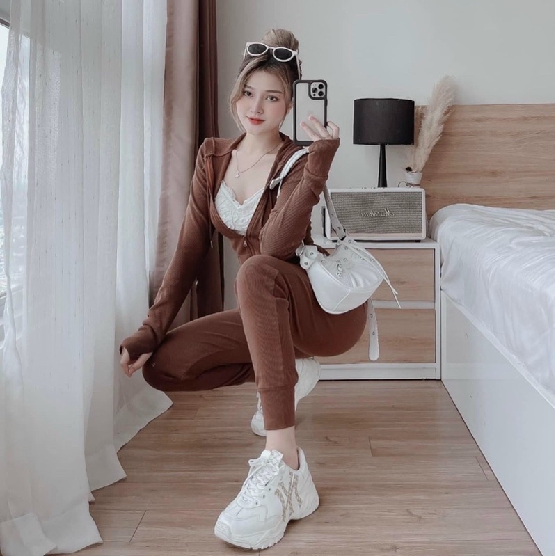 Hàng thu đông- Set bộ nữ thể thao thêu nón chữ GELN - áo khoác dây kéo tay dài quần jogger dài thời trang sành điệu TU