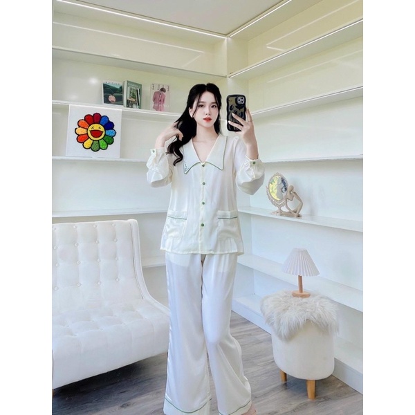 Bộ pijama lụa tiểu thư cao cấp Quảng Châu tay dài trắng viền