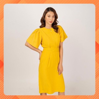 Đầm mini chữ A nữ YV LE & CO vải tơ xước màu vàng thanh lịch