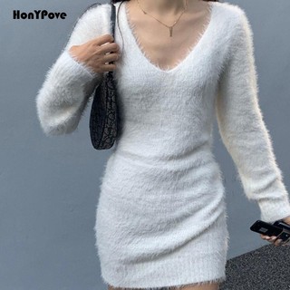 Đầm Dệt Kim Cổ Chữ V Phối Lông Màu Sắc Đơn Giản Phong Cách Âu Mỹ Thời Trang Cho Nữ