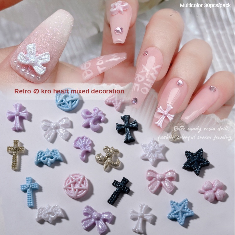 50 CÁI Màu Nhựa Trang Trí Nghệ Thuật Móng Tay / Macaron chữ thập, Trái tim con quạ, ngôi sao năm cánh, nơ trang trí