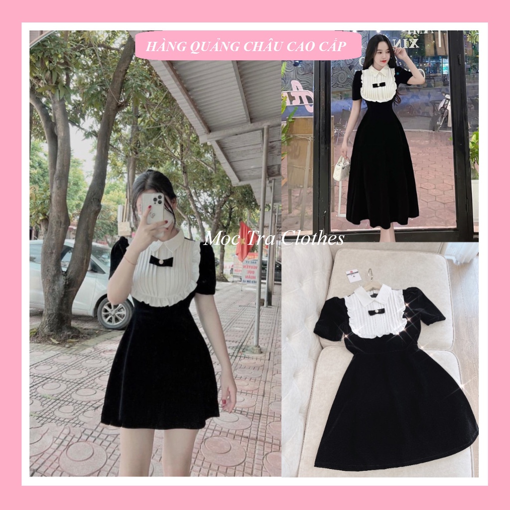 Đầm xòe Quảng Châu thiết kế cổ sơ mi dập viền bèo 2 dáng dài ngắn siêu xinh, Váy nhung nữ dự tiệc dáng maxi rẻ đẹp