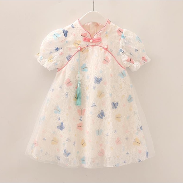 Đầm Sườn Xám Tay Ngắn Phối Ren Lưới Thời Trang Mùa Hè Xinh Xắn Cho Bé Gái