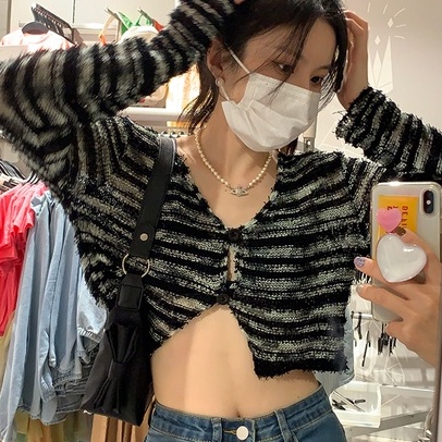 ZHELIHANGFEI Áo Cardigan Dệt Kim Tay Dài Cổ Chữ V Lưng Cao Kẻ Sọc Xinh Xắn Cho Nữ