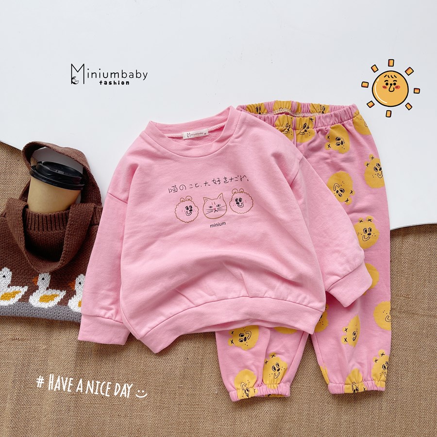 Bộ đồ dài tay quần dài thu đông họa tiết mèo thoải mái cho bé gái chất liệu nỉ da cá, miniumbabyfashion SB1353