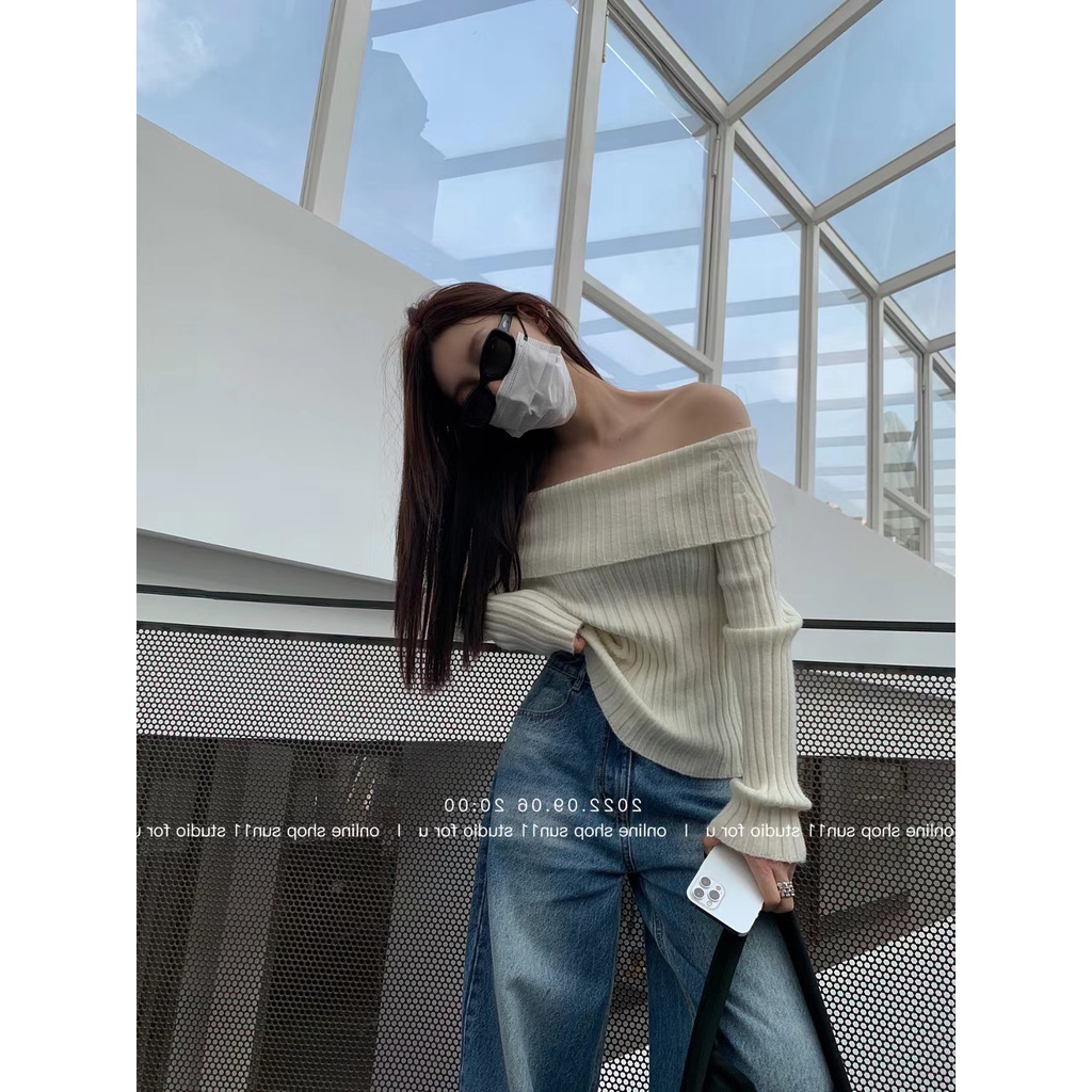 Áo Sweater Dệt Kim Tay Dài Trễ Vai Phong Cách Hàn Quốc Thời Trang Cho Nữ