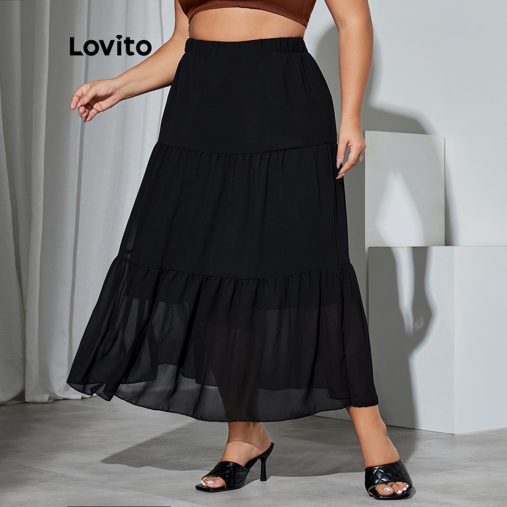 Chân váy Lovito plus size dáng chữ A ôm màu trơn nhiều tầng phong cách thường ngày cho nữ LPS05052 (màu đen)