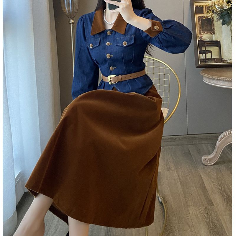 Bộ Áo Sơ Mi Denim + Chân Váy Lưng Cao Thời Trang Retro Cao Cấp Cho Nữ 2022