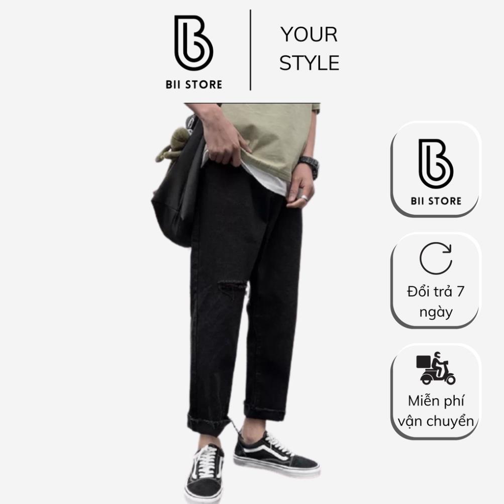 Quần jean baggy đen nam, nữ ống rộng rách gối, gấu, dáng suông, không phai màu-B22 !