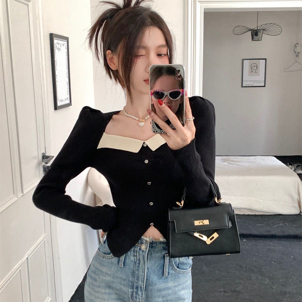 Áo COZOKC dệt kim tay phồng cổ vuông xẻ tà cá tính