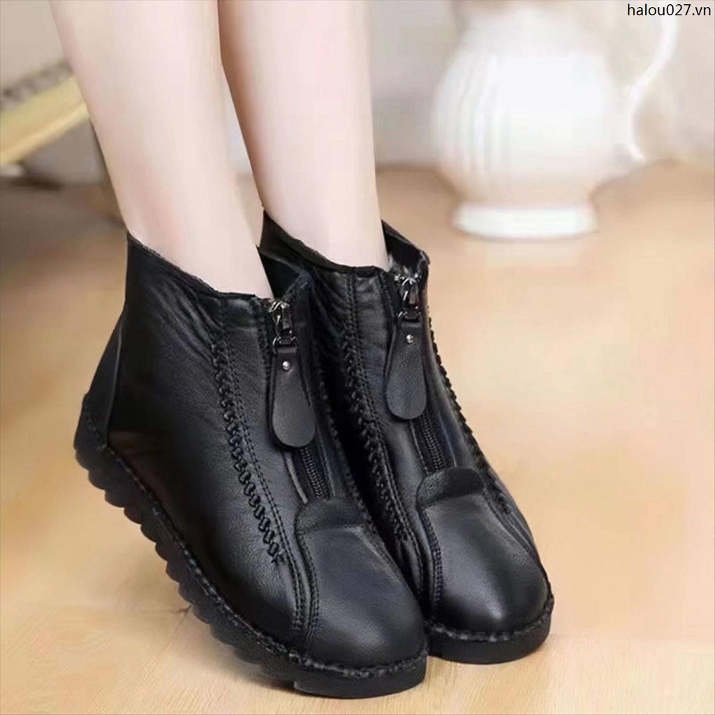 Giày Bốt Da Thật Cổ Thấp Lót Cotton Lông Cừu Mềm Mại Chống Mài Mòn Giữ Ấm Mùa Đông Cho Nữ