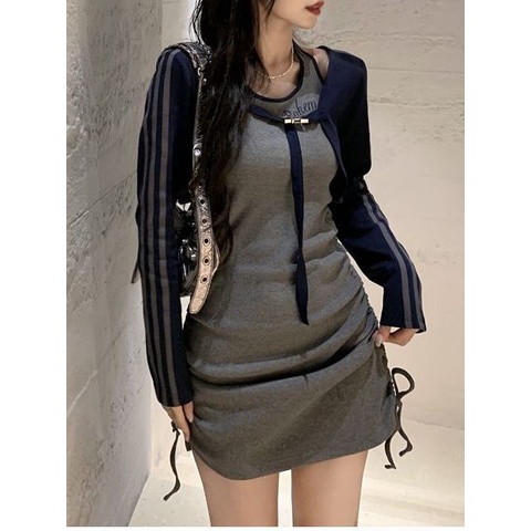 Jiashucheng Đầm Dài Tay Cổ Yếm Họa Tiết Kẻ Sọc Kèm Khăn Choàng Ôm Dáng Thời Trang Cho Nữ