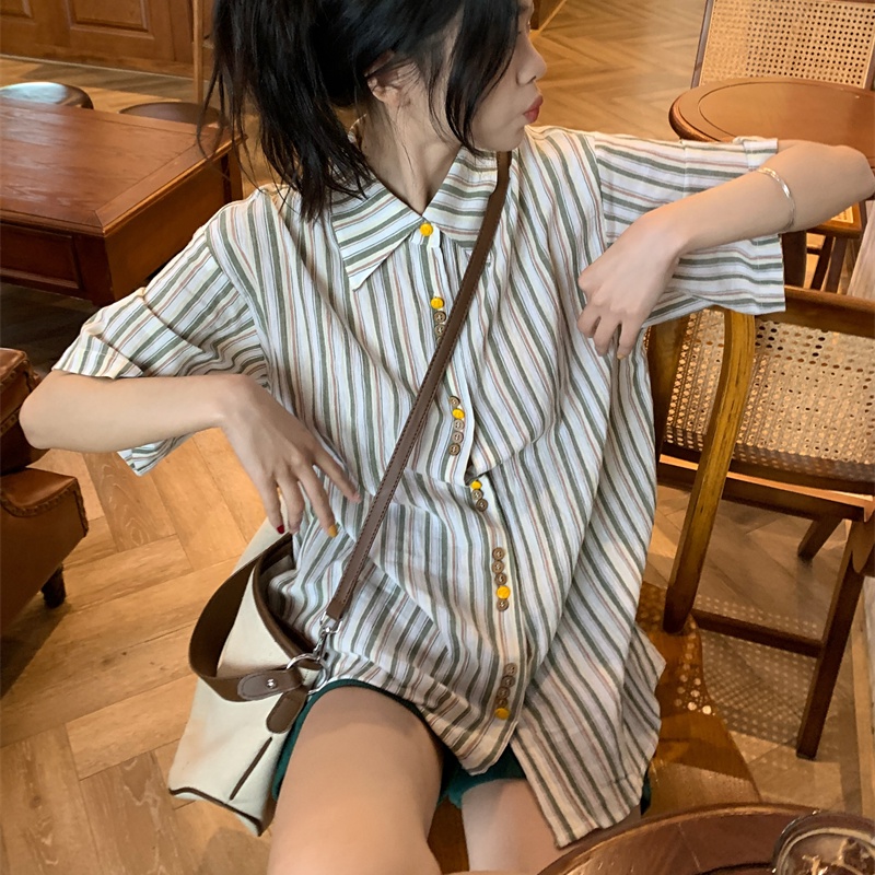 Áo sơ mi SUXI tay ngắn dáng rộng họa tiết kẻ sọc phong cách cổ điển thời trang mùa hè cho nữ