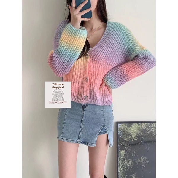 Áo khoác cadigan loang màu cầu vồng ngọt ngào cúc cài len Qc phong cách Hàn Quốc