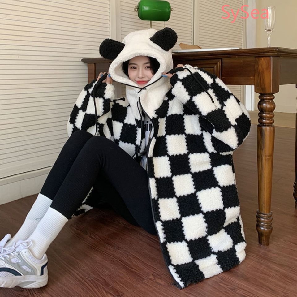 Áo Khoác Nữ Thời Trang Hàn Quốc Kẻ Ca Rô Hình Gấu