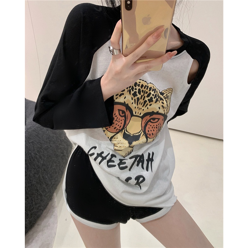 NRVP Áo thun nữ dài tay dáng rộng in hình phong cách Hàn Quốc kiểu