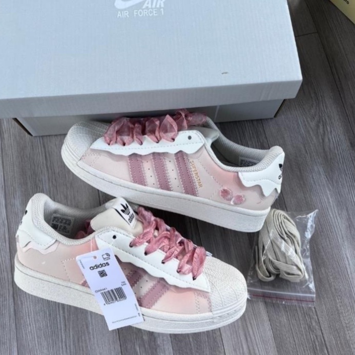 Giày Adidas Superstar, Das Sò, Sneaker nữ Màu Hồng Kem 2022 bản Quảng Châu cao cấp+ Dây Phụ
