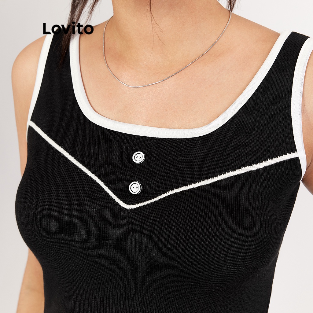 Áo dây Lovito có nút cài hở vai phối viền tương phản phong cách đơn giản thường ngày L18X267 (Đen)