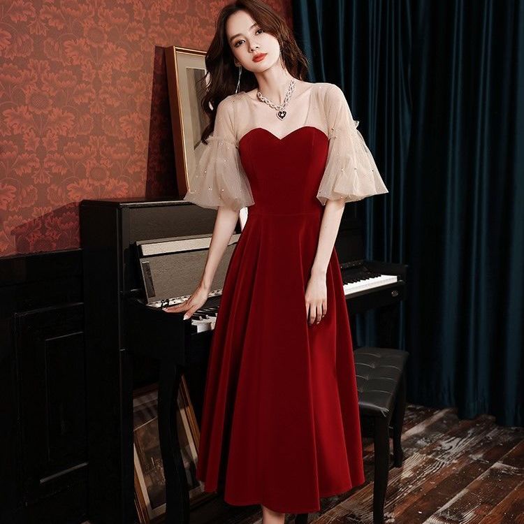 Đầm Phù Dâu Màu Đỏ Rượu Vang Thiết Kế Mới Xinh Xắn Thời Trang