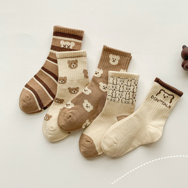 Set 5 Đôi Tất Trẻ Em Cotton Cổ Cao Minibear Phối Hình Gấu Nâu Dễ Thương