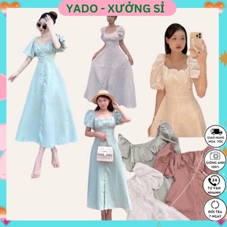 Đầm maxi cổ vuông nhún ngực đính nút tay búp, váy thiết kế dáng dài xòe ôm eo xẻ tà tay phồng dự tiệc YADO V101