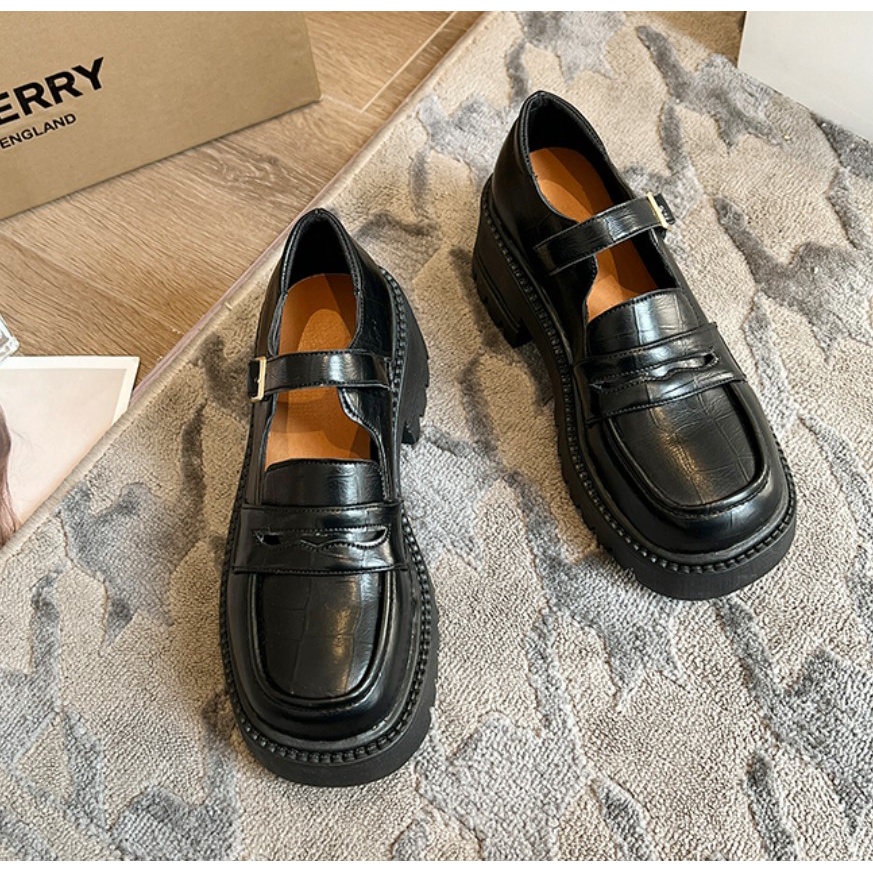 Giày Loafer Nữ Bánh Mì	Đế Cao 5 Phân Mũi Vuông Phong Cách Nhật Bản