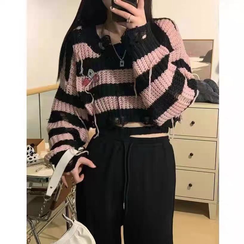 K Áo Sweater Dệt Kim Ngắn Kẻ Sọc Dáng Rộng Phong Cách Mới Dễ Phối Đồ Mùa Xuân Thu La