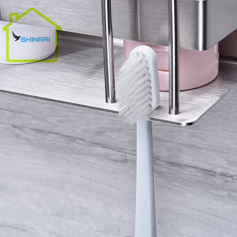 ( Dán Tường ) Kệ Đựng Bàn Chải , Giá Đựng Tuýp Kem Đánh Răng INOX SUS304 Xước Mờ 3 Cốc Chính Hãng SHINRAI