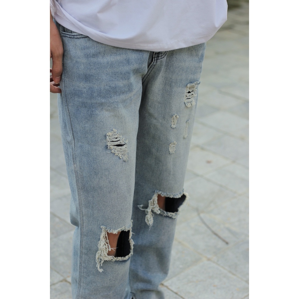 Quần bò nam ống suông rách gối khóa zip mới c807 Pon.mens