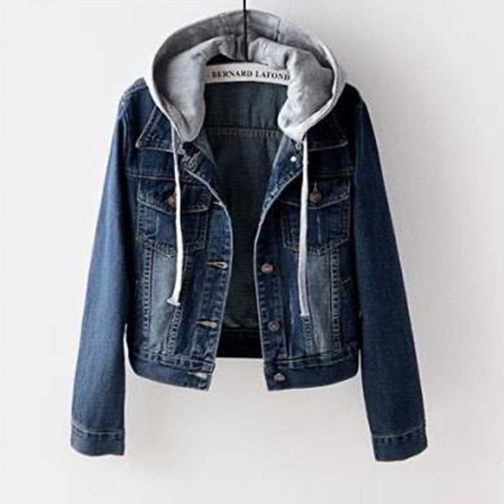 Áo Khoác Jean Tay Dài Có Nón Cài Nút Thời Trang Đường Phố Cho Nữ
