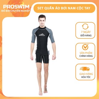 Set Quần Áo Bơi Nam 712 Đen Tay Ghi Hông Trắng