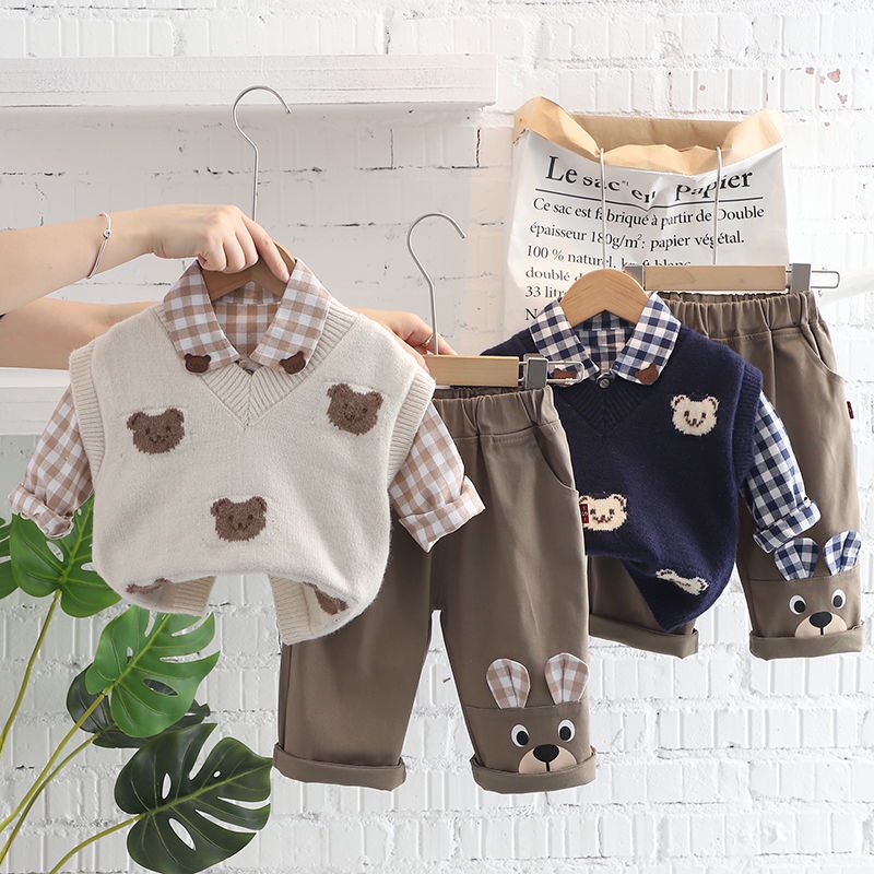 Bộ Áo Sơ Mi Dài Tay + Áo Khoác Ghi Lê Dệt Kim Thời Trang Xuân Thu Cho Bé Trai