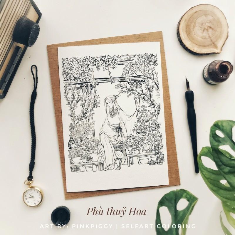 Postcard tô màu Phù thủy hoa hoạ sĩ Hoa Thu Hồng gồm 4 tranh A5 A6, giấy vẽ 300gsm