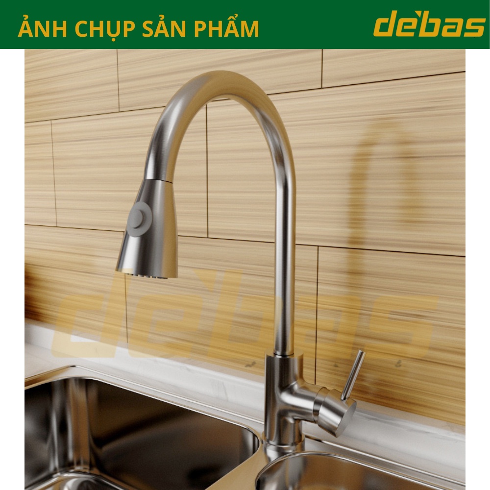 Vòi rửa chén bát dây rút inox 304 hàng đúc nặng cao cấp tặng dây cấp inox nóng lạnh Debas V7212 INOX