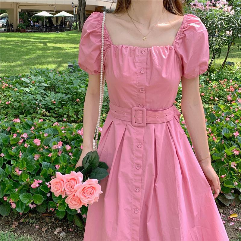 IELGY Đầm Midi Cổ Vuông Eo Cao Phong Cách Pháp Thời Trang Cho Nữ