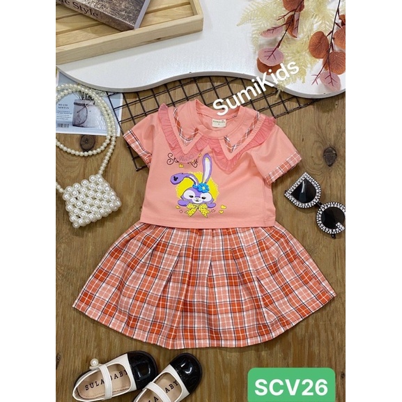 Sét áo chân váy caro của SUMIKIDS phối chân váy xoè tròn hàng cao cấp 25-35kg