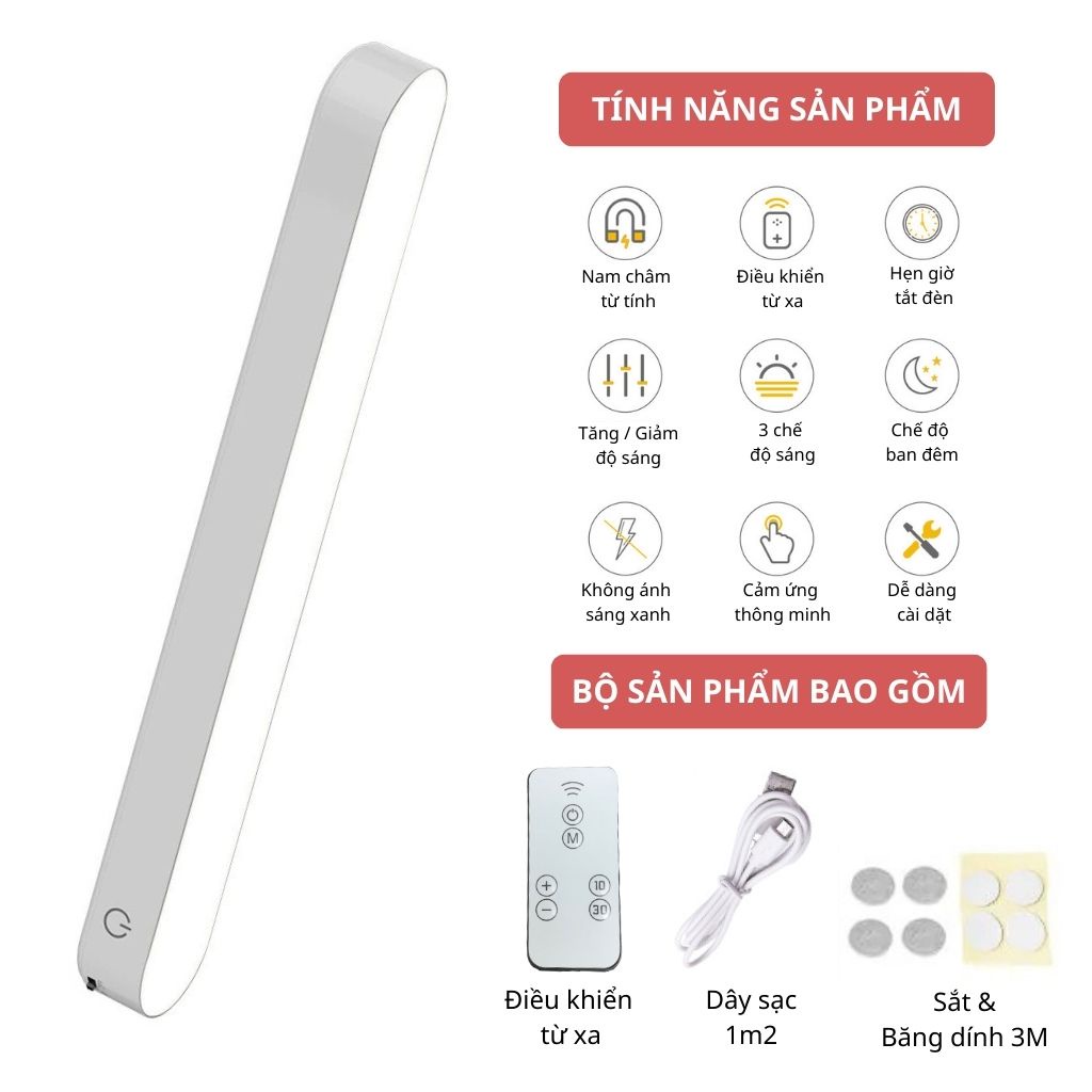 Đèn học led bảo vệ mắt tích điện có remote , đèn led cảm ứng 3 chế độ sáng cao cấp, gắn phòng ngủ